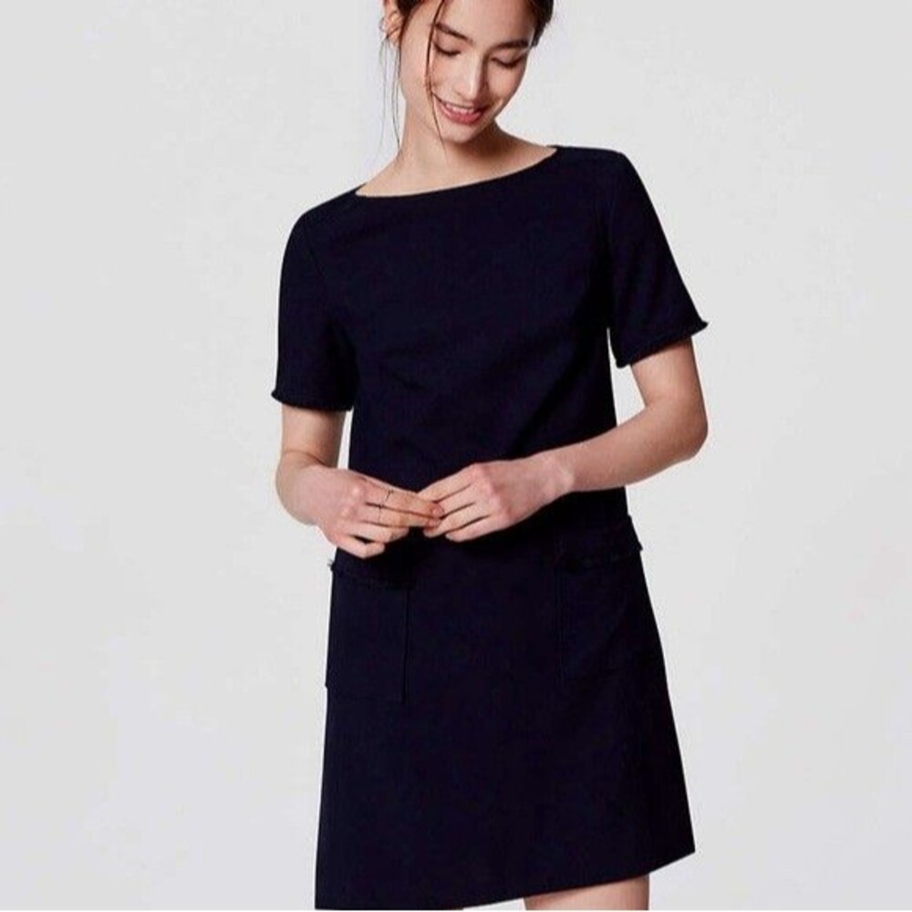 Ann Taylor Loft Womens 4T Navy Blue Fringed Shift Fit Pocket Stretch Dress